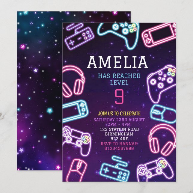 Invitación Partido de cumpleaños de videojuegos (Anverso / Reverso)
