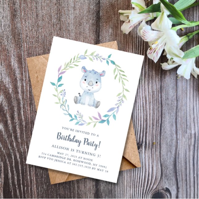 Invitación Partido de Cumpleaños de Watercolor Rino (Subido por el creador)