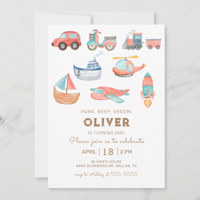 Invitación Partido de cumpleaños de Watercolor Transportation (Anverso)