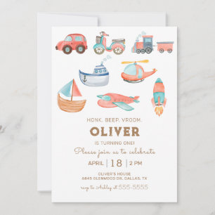 Invitación Partido de cumpleaños de Watercolor Transportation