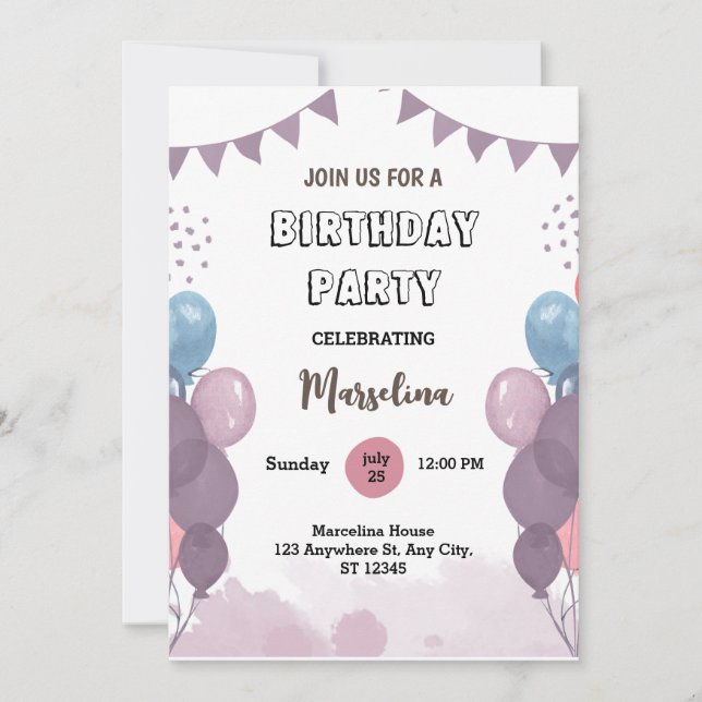 Invitación Partido de Cumpleaños del Balón Morado Moderno (Anverso)