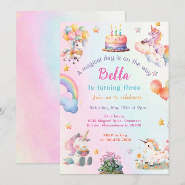 Invitación Partido de cumpleaños del Chica arcoiris de unicor (Anverso / Reverso)