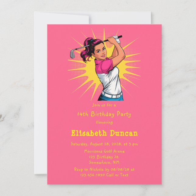 Invitación Partido de Cumpleaños del Chica de Arte Pop Golfer (Anverso)