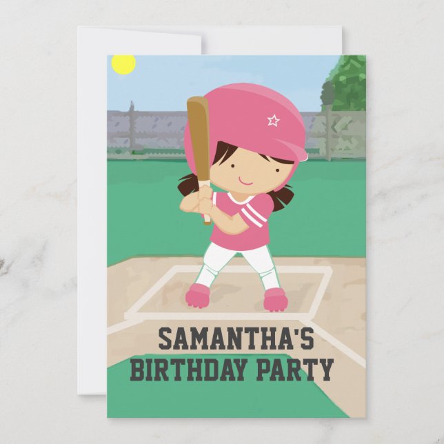 Invitación Partido de Cumpleaños del Chica de Béisbol Rosa Cu (Anverso)