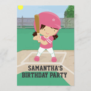 Invitación Partido de Cumpleaños del Chica de Béisbol Rosa Cu