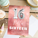 Invitación Partido de cumpleaños del Chica de globos moderno<br><div class="desc">Moderna invitación a la fiesta de cumpleaños 16 diseñada con un fondo color de agua oscuro rosa, un confetti transparente de burbujas y un gran globo de helio con número de plata dieciséis. El nombre está escrito en un texto blanco de caligrafía grande con una plantilla de cumpleaños simple debajo...</div>
