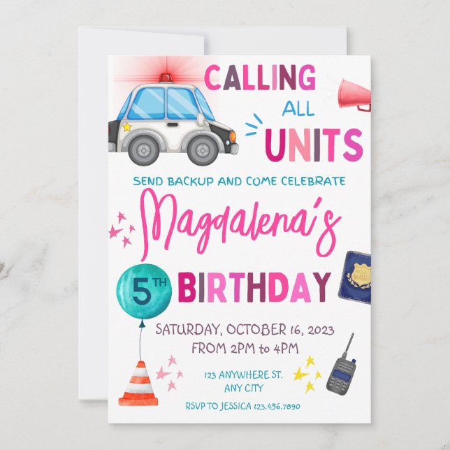 Invitación Partido de Cumpleaños del chica de Policía Rosa (Anverso)