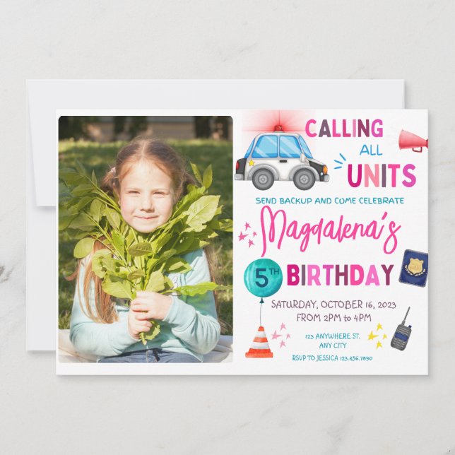 Invitación Partido de Cumpleaños del chica de Policía Rosa (Anverso)