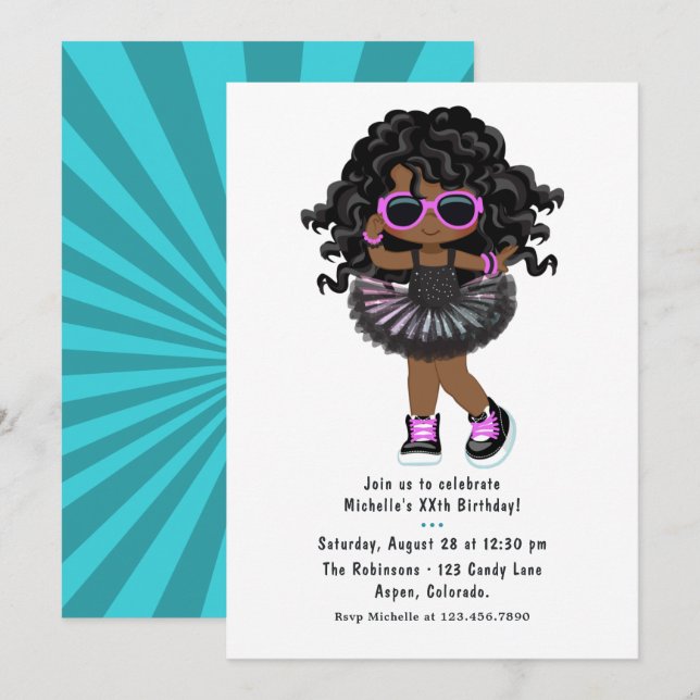 Invitación Partido de Cumpleaños del Chica de Rap de Hip Hop  (Anverso / Reverso)