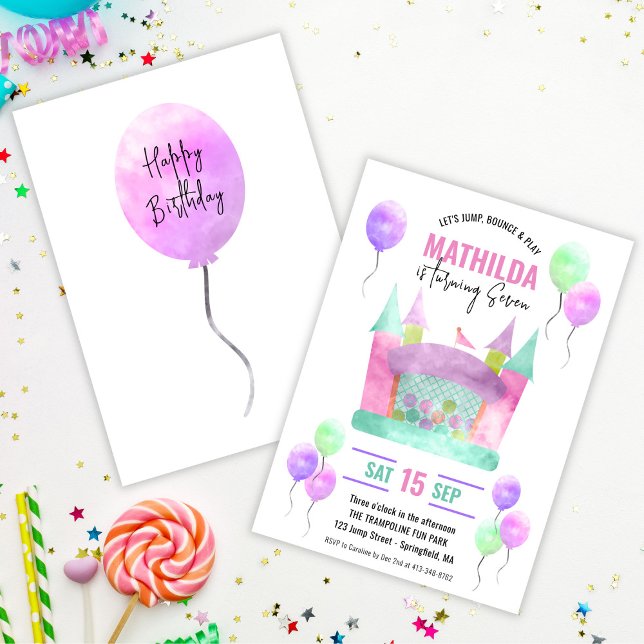 Invitación Partido de Cumpleaños del Chica de Salto de la Cas (Bounce House Jump Trampoline Girl Birthday Party Invitation)