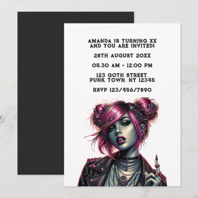 Invitación Partido de Cumpleaños del Chica del Punk Gótico (Anverso / Reverso)