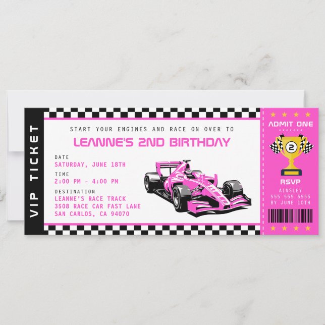 Invitación Partido de cumpleaños del Chica Pink Race Car Tick (Anverso)