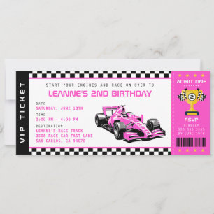 Invitación Partido de cumpleaños del Chica Pink Race Car Tick