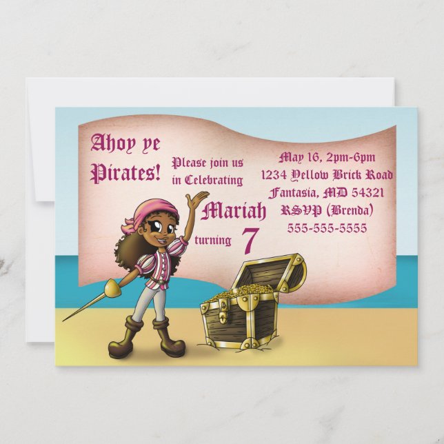 Invitación Partido de Cumpleaños del Chica Pirata Africano-Es (Anverso)