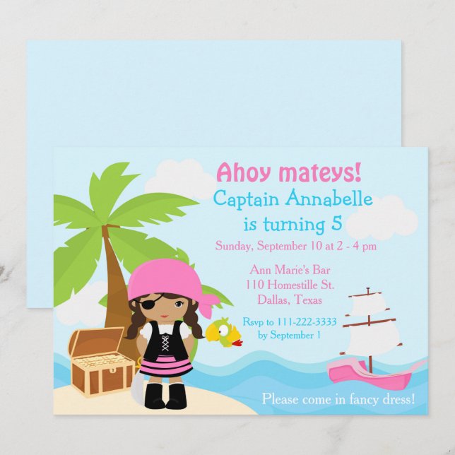 Invitación Partido de Cumpleaños del Chica Pirata Americano C (Anverso / Reverso)