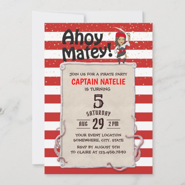 Invitación Partido de Cumpleaños del Chica Pirata Cute Red St (Anverso)