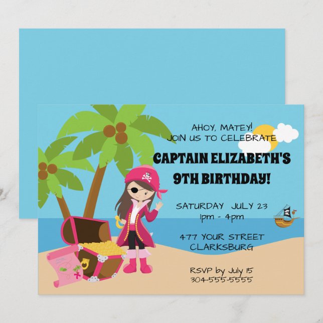 Invitación Partido de Cumpleaños del Chica Pirata Rosa (Anverso / Reverso)