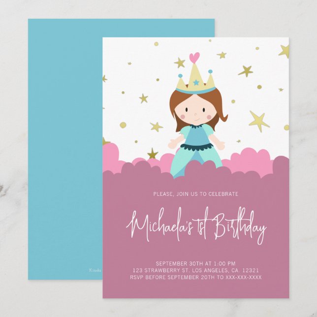 Invitación Partido de cumpleaños del Chica Princesa de Oro Ro (Anverso / Reverso)