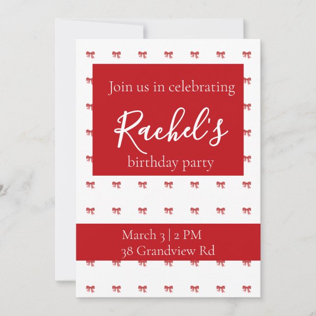 Invitación Partido de Cumpleaños del Chica Red Bow (Anverso)