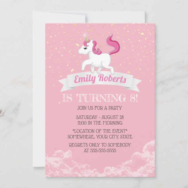 Invitación Partido de Cumpleaños del Chica Rosa Unicorn (Anverso)