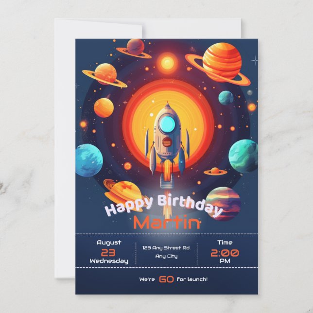 Invitación Partido de Cumpleaños del cohete espacial (Anverso)