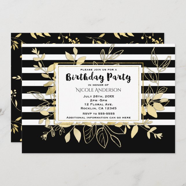Invitación Partido de cumpleaños del Glamour Botánico de Oro  (Anverso / Reverso)