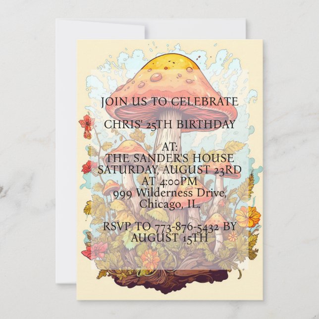 Invitación Partido de cumpleaños del Ilustracion de hongos qu (Anverso)