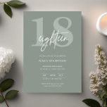 Invitación Partido de Cumpleaños del minimalista Moderno Sage<br><div class="desc">Esta minimalista tipografía invita a la fiesta de 18 años es perfecta para una fiesta de cumpleaños moderna. El diseño sencillo incluye texto blanco clásico sobre fondo sabio. Personalizable en cualquier color. Mantenga el diseño minimalista y elegante, tal como está, o lo personalice añadiendo sus propios gráficos y obras de...</div>