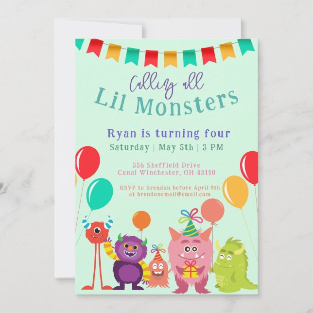 Invitación Partido de cumpleaños del Monster Personalizado Li (Anverso)