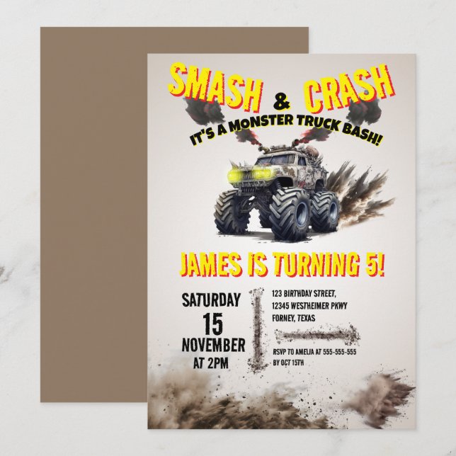 Invitación Partido de cumpleaños del Monstruo SMASH y CRASH M (Anverso / Reverso)