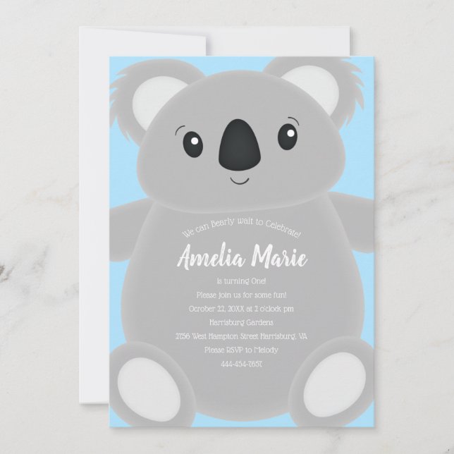 Invitación Partido de Cumpleaños del Oso de Koala Azul (Anverso)
