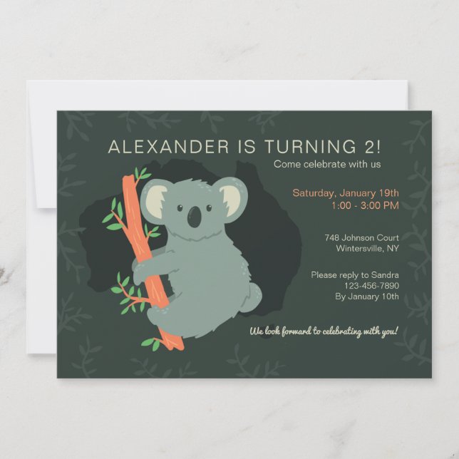 Invitación Partido de Cumpleaños del Oso Koala (Anverso)