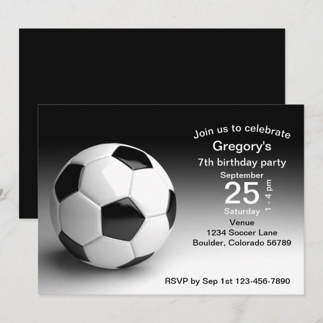 Invitación Partido de cumpleaños del partido de fútbol Black, (Anverso / Reverso)