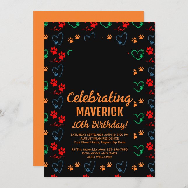 Invitación Partido de cumpleaños del perro Naranja negro pers (Anverso / Reverso)