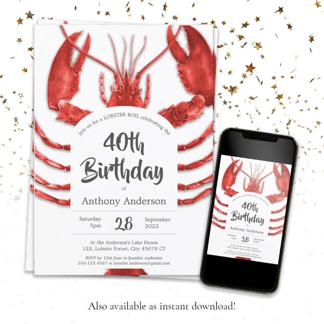 Invitación Partido de Cumpleaños del Personalizado de Boil Bl (Red White Lobster Boil Custom Birthday Party Invitation)