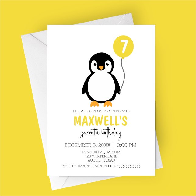 Invitación Partido de cumpleaños del Pingüino Minimalista mod (Yellow Minimalist Modern Penguin Winter Birthday Party Invitation)