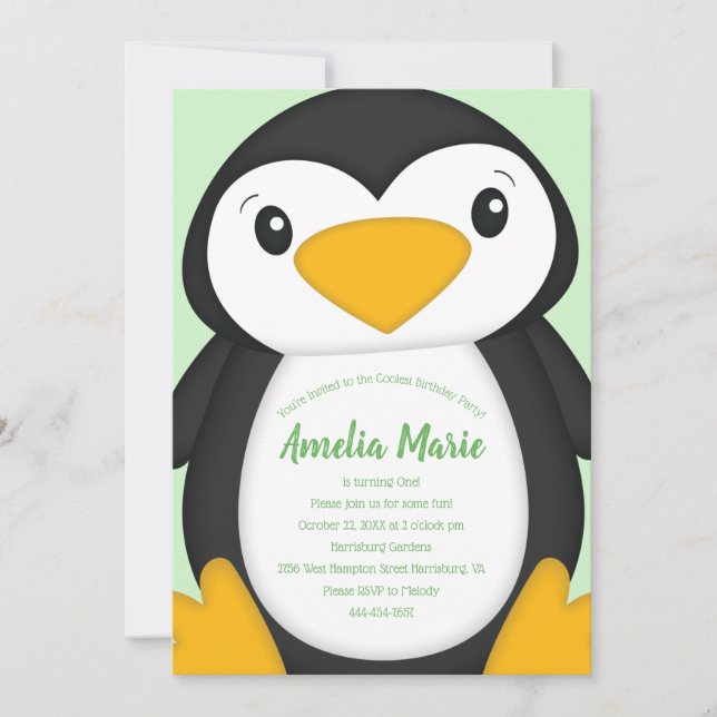 Invitación Partido de Cumpleaños del Pingüino Verde (Anverso)