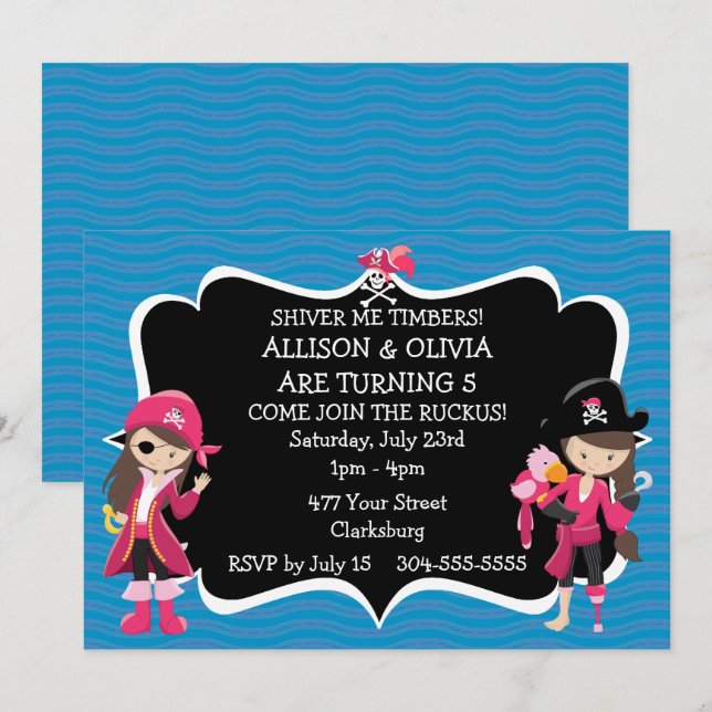 Invitación Partido de cumpleaños del pirata de Chicas gemelos (Anverso / Reverso)