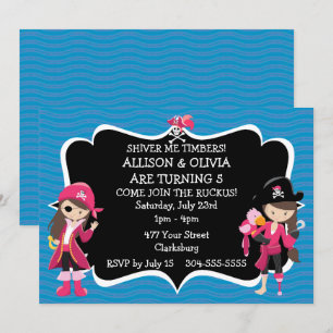 Invitación Partido de cumpleaños del pirata de Chicas gemelos