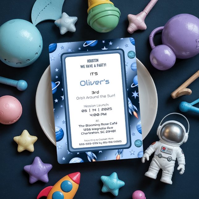 Invitación Partido de cumpleaños del planeta y el cohete cósm (Subido por el creador)