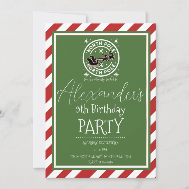 Invitación Partido de cumpleaños del Polo Norte Verde Rojo (Anverso)