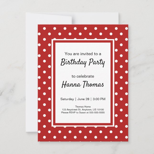 Invitación Partido de Cumpleaños del Punto de Polka Blanco Ro (Anverso)