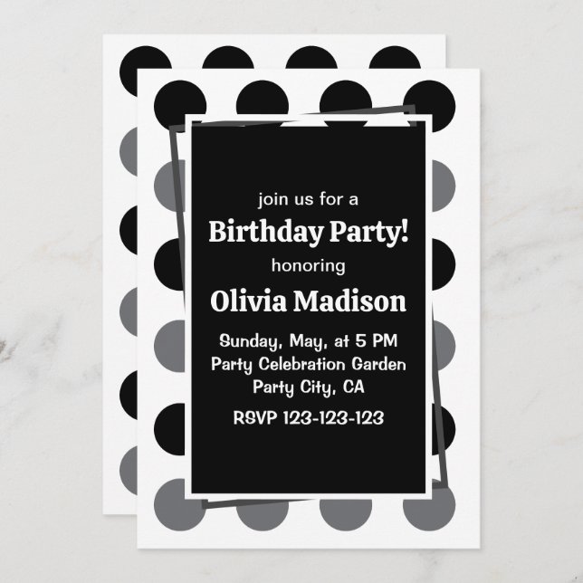Invitación Partido de cumpleaños del Punto de Polka Gris Negr (Anverso / Reverso)
