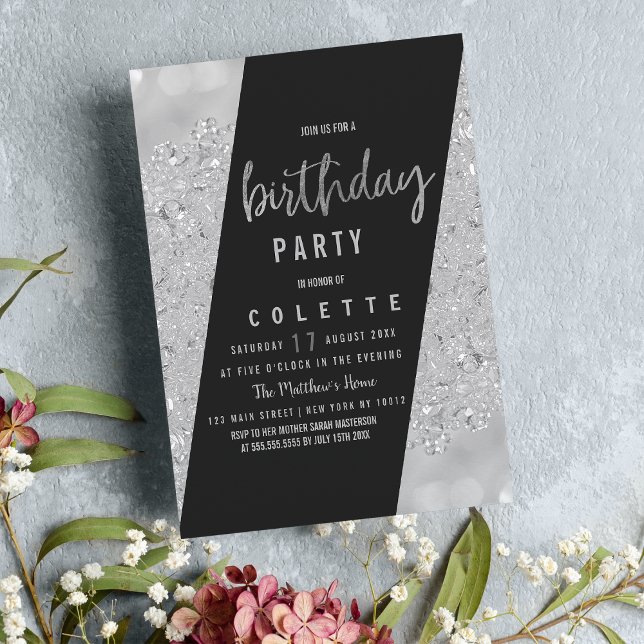 Invitación Partido de cumpleaños del purpurina de plata negra (Geometric glam black silver glitter Birthday Party)