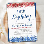 Invitación Partido de Cumpleaños del Purpurina Patriótico Roj<br><div class="desc">Celebra con estilo nuestras invitaciones patrióticas para fiestas de cumpleaños! Este establecimiento moderno y elegante presenta una decoración en tonos rojos, blancos y azules de moda con toques purpurinas que le confieren un toque de glamour. El tema de la bandera estadounidense y los motivos militares añaden un toque de patriotismo,...</div>