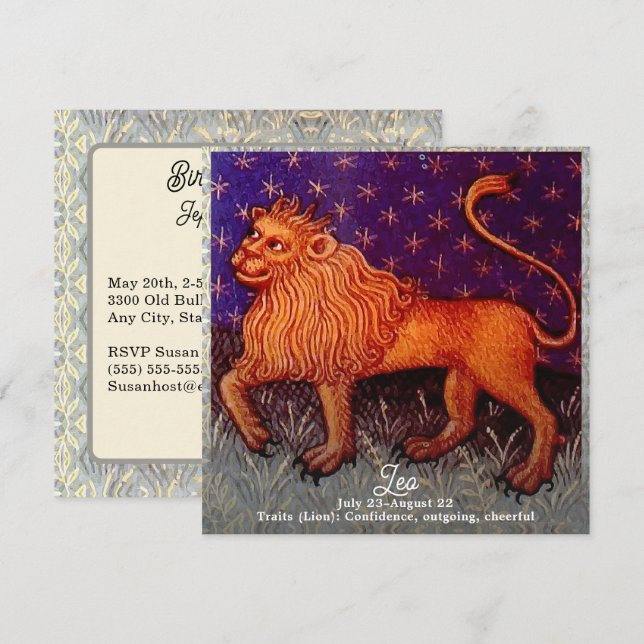 Invitación Partido de Cumpleaños del Rótulo Leo Lion Zodiac (Anverso / Reverso)