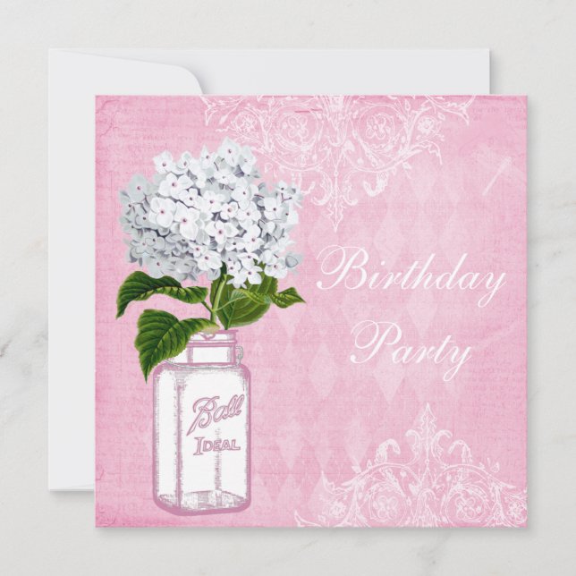 Invitación Partido de Cumpleaños del Shabby Rosa Chic Jar & H (Anverso)