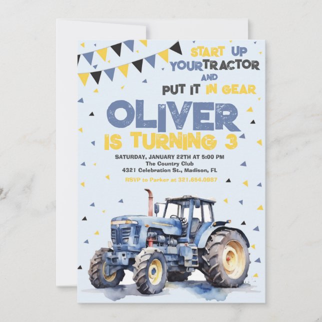 Invitación Partido de Cumpleaños del Tractor Azul (Anverso)