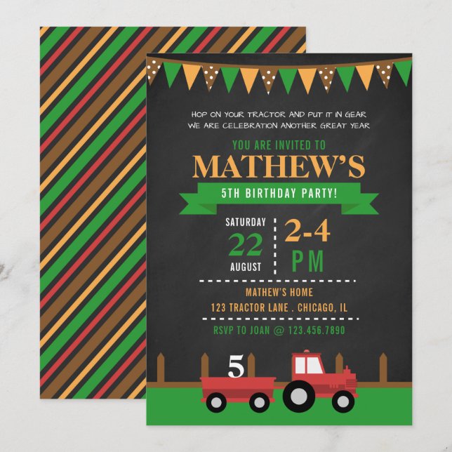 Invitación Partido de cumpleaños del tractor/granja de cartón (Anverso / Reverso)