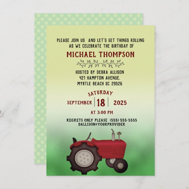 Invitación Partido de Cumpleaños del Tractor Rojo (Anverso / Reverso)